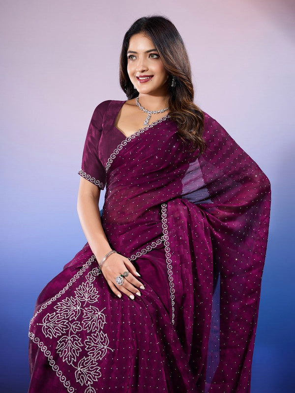 Amazing Voilet Color Chiffon Fabric Designer Saree