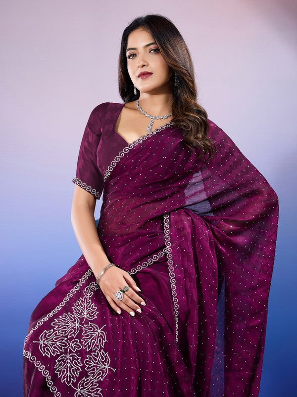 Amazing Voilet Color Chiffon Fabric Designer Saree