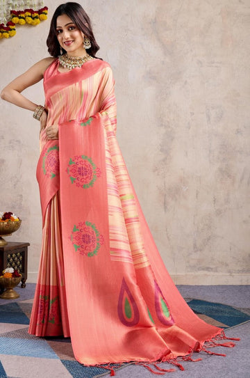 Amazing Peach Color Banarasi Fabric Casual Saree