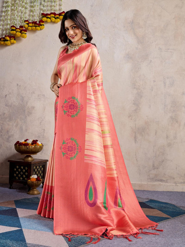 Amazing Peach Color Banarasi Fabric Casual Saree