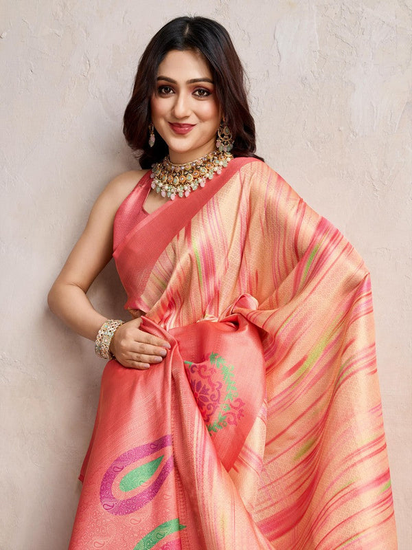 Amazing Peach Color Banarasi Fabric Casual Saree