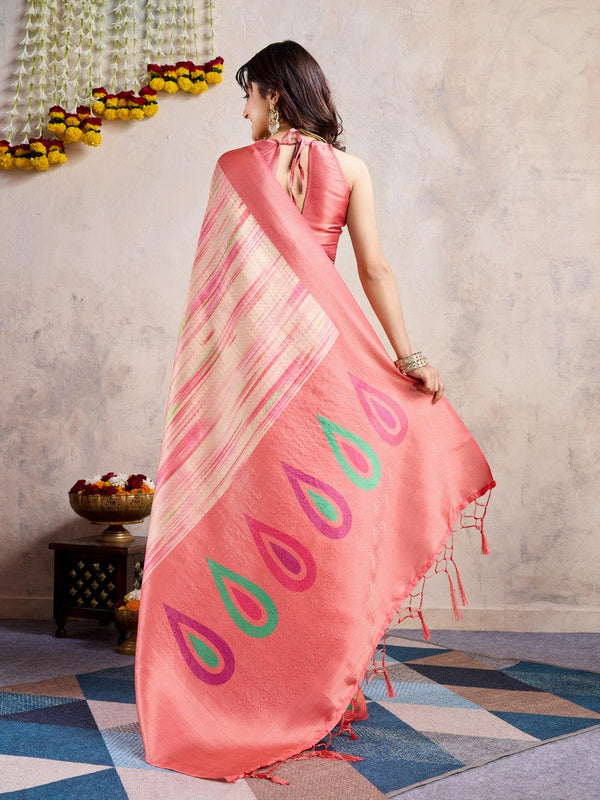 Amazing Peach Color Banarasi Fabric Casual Saree