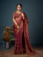 Lovely Wine Color Organza Fabric Partywear Saree