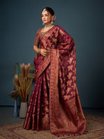 Lovely Wine Color Organza Fabric Partywear Saree