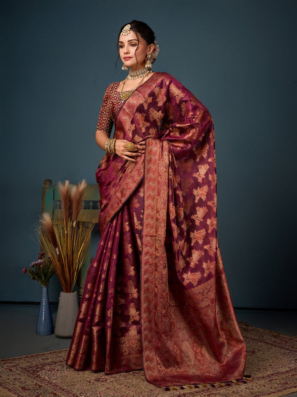Lovely Wine Color Organza Fabric Partywear Saree