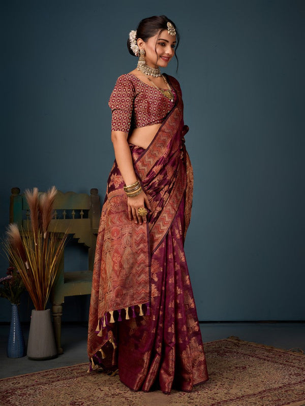 Lovely Wine Color Organza Fabric Partywear Saree