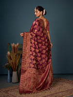 Lovely Wine Color Organza Fabric Partywear Saree