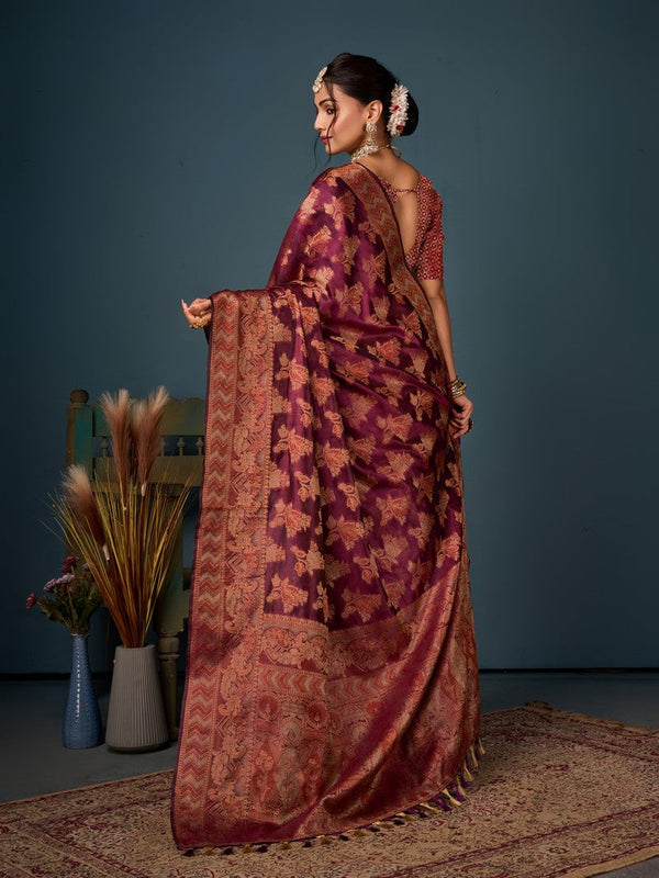Lovely Wine Color Organza Fabric Partywear Saree