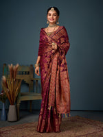 Lovely Wine Color Organza Fabric Partywear Saree