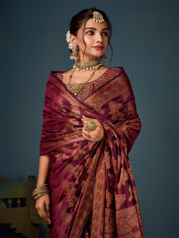 Lovely Wine Color Organza Fabric Partywear Saree