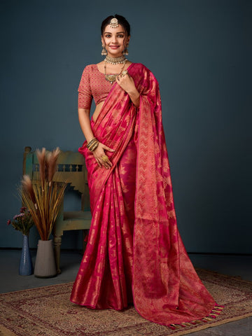 Lovely Pink Color Organza Fabric Partywear Saree
