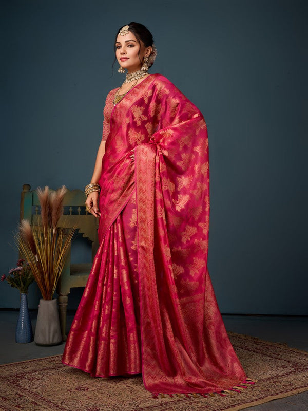 Lovely Pink Color Organza Fabric Partywear Saree