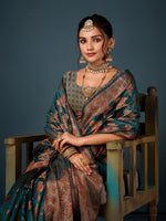 Lovely Teal Color Organza Fabric Partywear Saree