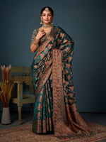 Lovely Teal Color Organza Fabric Partywear Saree