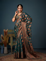 Lovely Teal Color Organza Fabric Partywear Saree