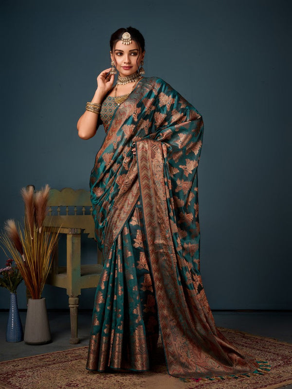Lovely Teal Color Organza Fabric Partywear Saree