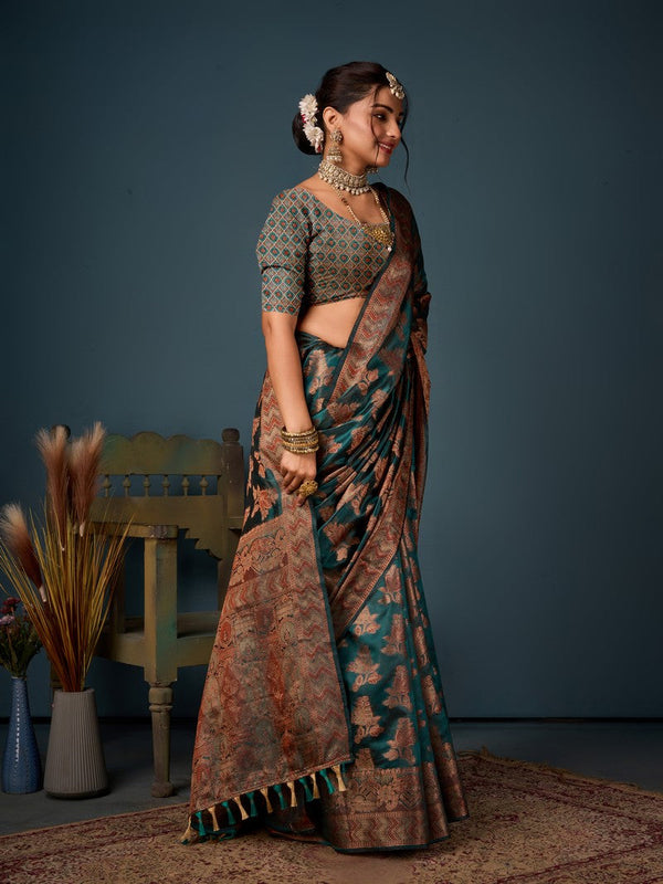 Lovely Teal Color Organza Fabric Partywear Saree