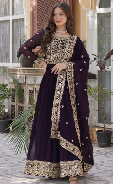 Amazing Voilet Color Blooming Fabric Gown