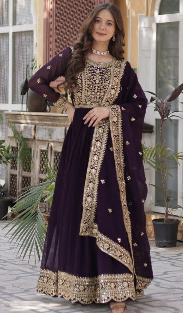 Amazing Voilet Color Blooming Fabric Gown