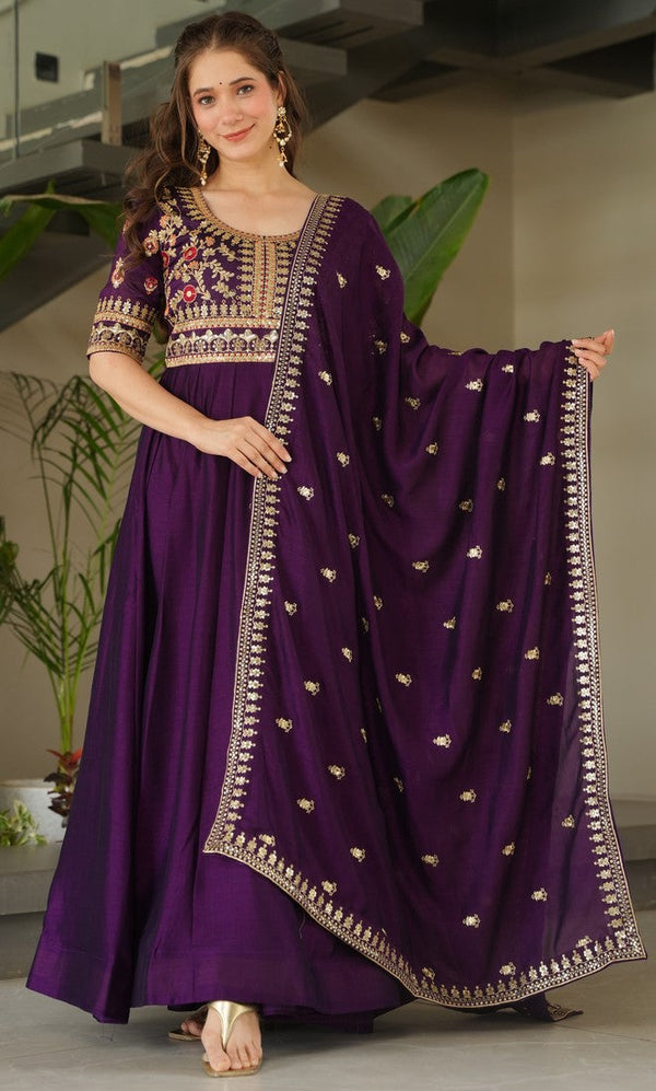 Beautiful Purple Color Vichitra Fabric Gown