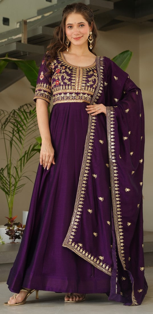 Beautiful Purple Color Vichitra Fabric Gown