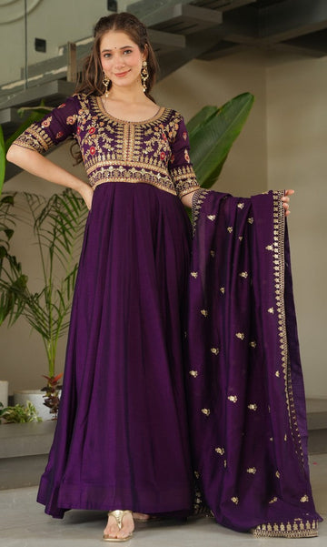 Beautiful Purple Color Vichitra Fabric Gown