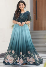 Grand Teal Color Blooming Fabric Gown