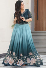 Grand Teal Color Blooming Fabric Gown