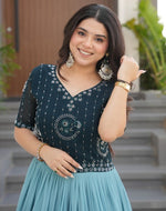 Grand Teal Color Blooming Fabric Gown