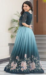 Grand Teal Color Blooming Fabric Gown