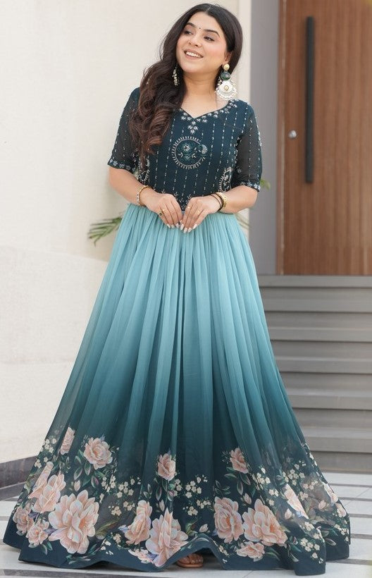 Grand Teal Color Blooming Fabric Gown