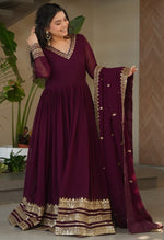 Amazing Wine Color Blooming Fabric Gown