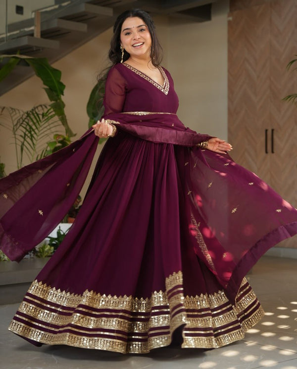 Amazing Wine Color Blooming Fabric Gown