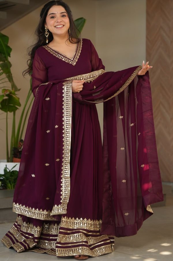 Amazing Wine Color Blooming Fabric Gown