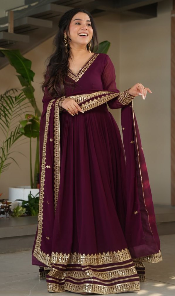Amazing Wine Color Blooming Fabric Gown