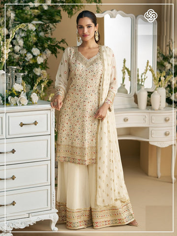 Tasteful Cream Color Georgette Fabric Plazzo Suit