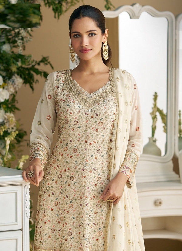 Tasteful Cream Color Georgette Fabric Plazzo Suit