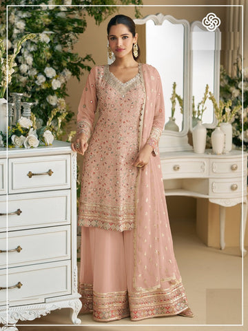 Tasteful Peach Color Georgette Fabric Plazzo Suit