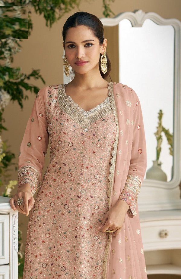 Tasteful Peach Color Georgette Fabric Plazzo Suit