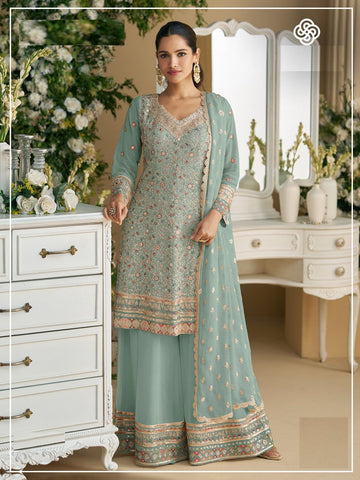 Tasteful Aqua Color Georgette Fabric Plazzo Suit