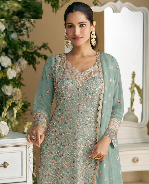 Tasteful Aqua Color Georgette Fabric Plazzo Suit