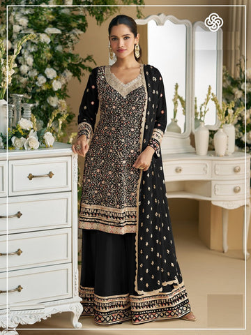 Tasteful Black Color Georgette Fabric Plazzo Suit