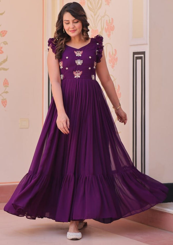 Dazzling Purple Color Blooming Fabric Gown