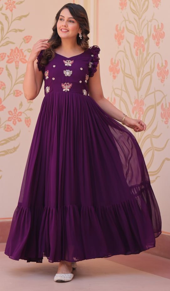 Dazzling Purple Color Blooming Fabric Gown