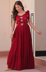 Dazzling Maroon Color Blooming Fabric Gown