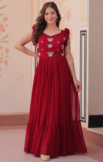 Dazzling Maroon Color Blooming Fabric Gown