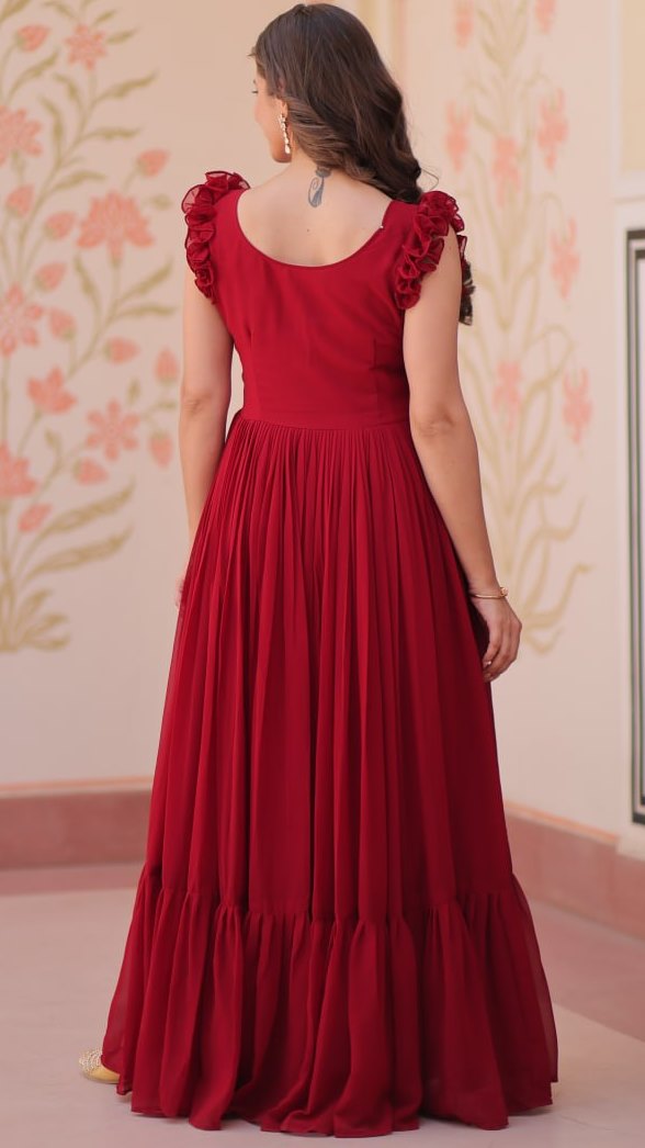 Dazzling Maroon Color Blooming Fabric Gown