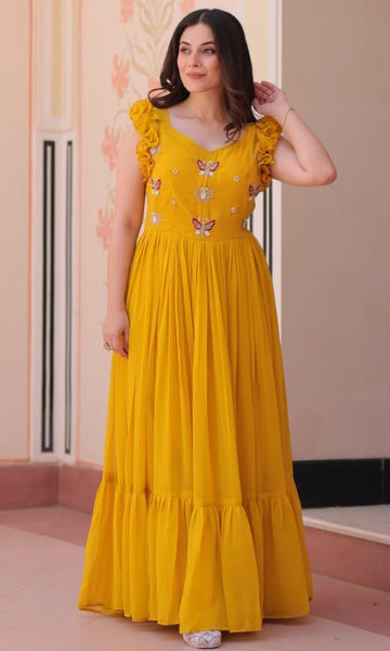 Dazzling Yellow Color Blooming Fabric Gown