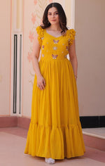 Dazzling Yellow Color Blooming Fabric Gown