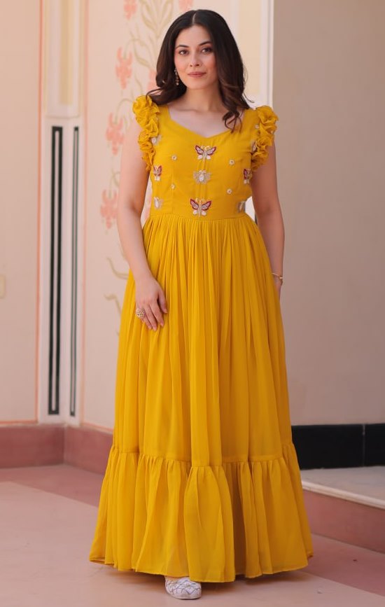 Dazzling Yellow Color Blooming Fabric Gown